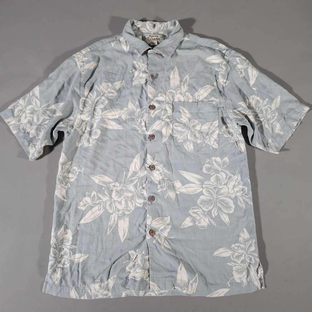 Tommy Bahama Button Down Shirt Mens S Blue Floral 100% Silk Vintage Pocket